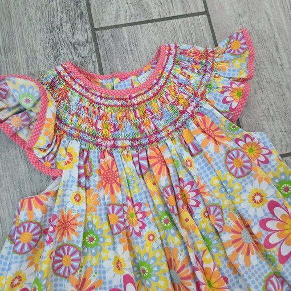 Petit Ami toddler girls short sleeve summer floral smocked dress blue & pink 4T - Picture 3 of 10